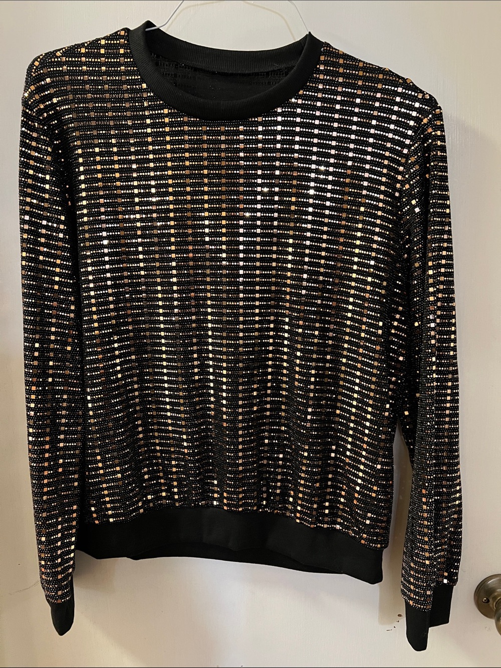 Black Sequin Grid Crewneck Sweater